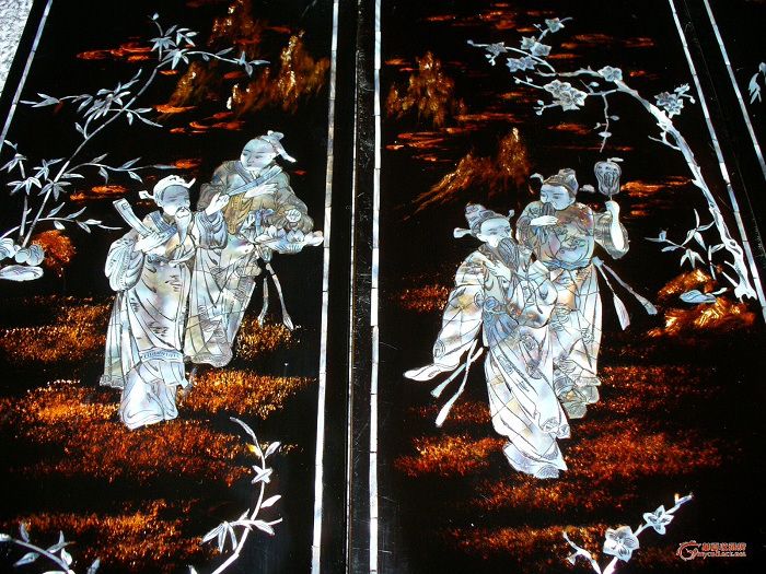 晚清彩色螺钿黑漆挂屏