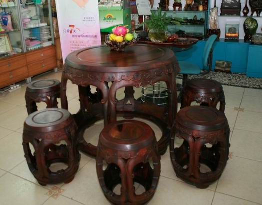 老挝大红酸枝仿明式家具--圆桌椅七件套_老挝