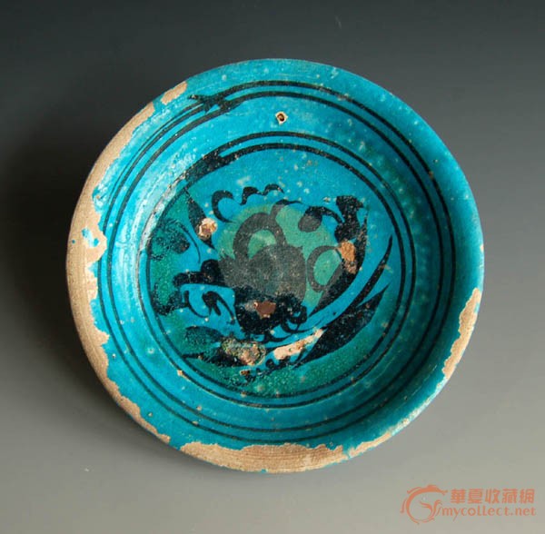 金元孔雀蓝釉青花石榴纹盘!