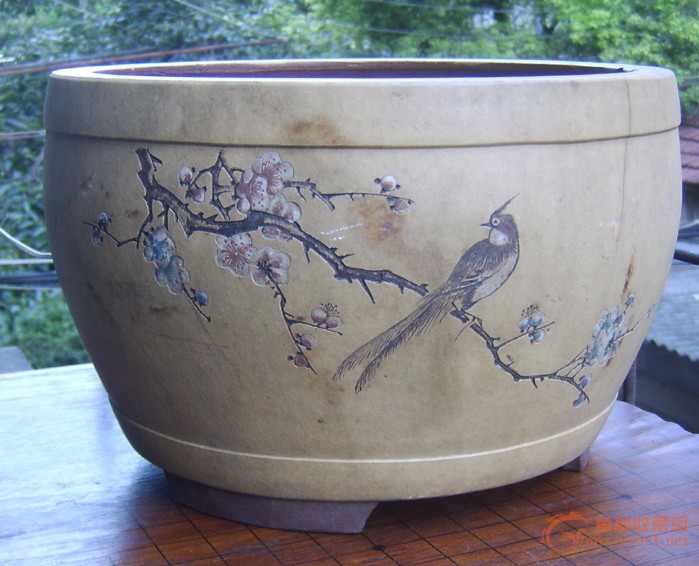 文革精品紫砂大花盆:红雨刻款(直径36)