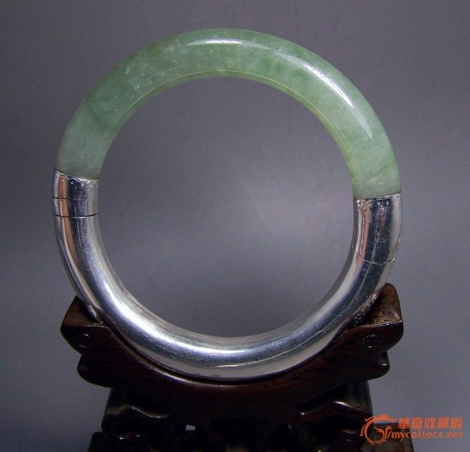 赛宝 老翡翠A货冰种镶银手镯_赛宝 老翡翠A货