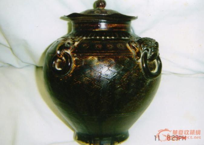 北宋定州窑紫金釉(俗称紫定)虎羊荷叶盖罐_北