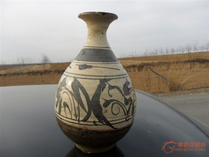 出土元代耀州老窑金元白底画花高脚杯_出土元