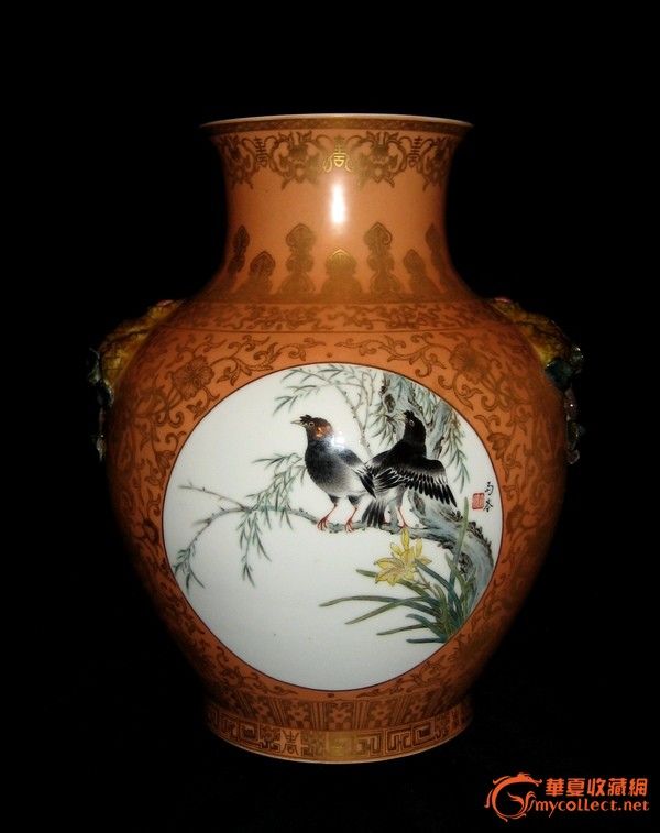 弘毅轩馆藏(非卖品):刘雨岑花鸟开光描金大瓶_