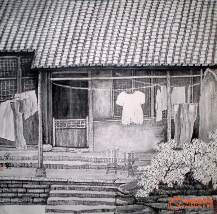 著名画家郑守宽精细山水画家乡小屋_著名画家