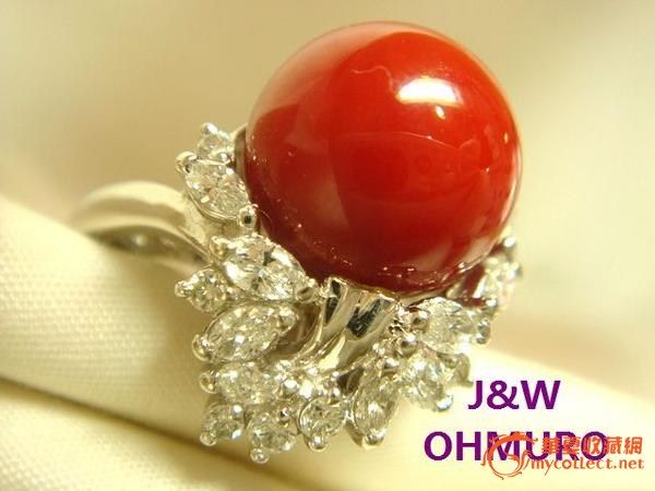 Pt900铂金镶钻石天然极品阿卡红珊瑚戒指(3号