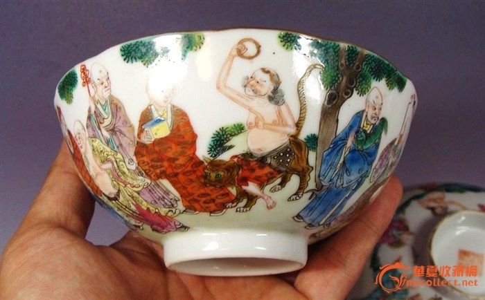 清道光.粉彩十八罗汉+八仙盖碗一对~_清道光.