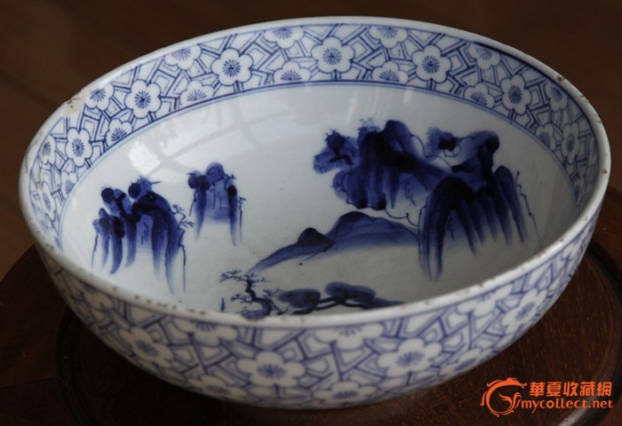 瓷器-明清-藏品鉴定估价-华夏收藏网; 清晚期日本青花山水碗(青字款有