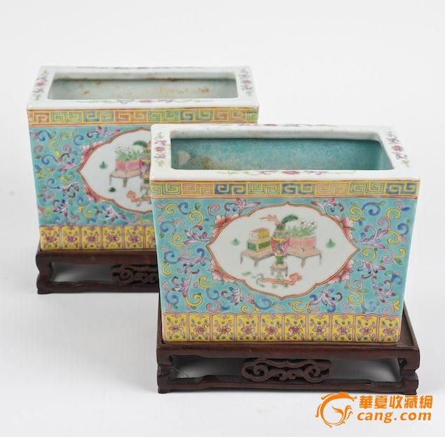 五彩正方形花盆一对_五彩正方形花盆一对鉴定