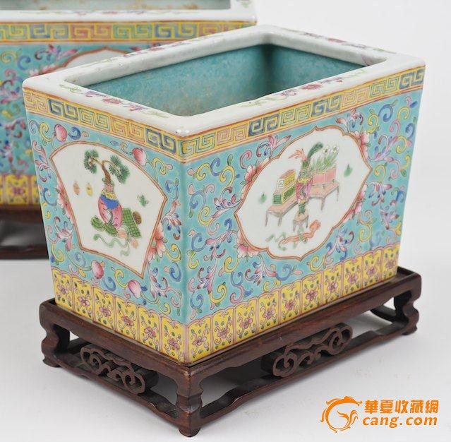 五彩正方形花盆一对_五彩正方形花盆一对鉴定