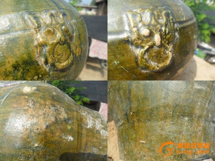 精品**绿釉大陶瓶,**瓷。精美完整,釉色漂亮,施釉均匀,釉色窑变黄绿两彩。绝对漂亮,普手也精致,胎体厚重,有少许土沁,和泛银,口沿有脱皮,品相如图,高32公分,口直径14.5公分,肚子周长71公分,古代瓷器的前身,唐三彩烧制工艺的前辈,值得收藏,先鉴定再出售,让朋友们放心喜欢的朋友看我地摊http://www.