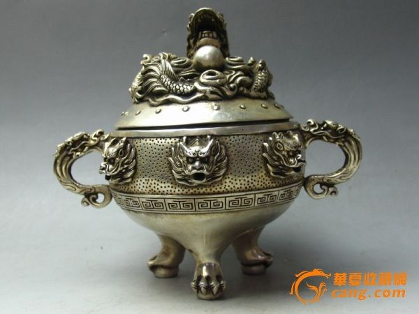 银质双龙耳龙头盖香炉