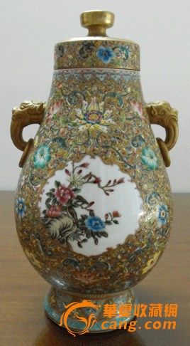 珐琅彩开光花鸟虫纹带盖象耳尊_珐琅彩开光花