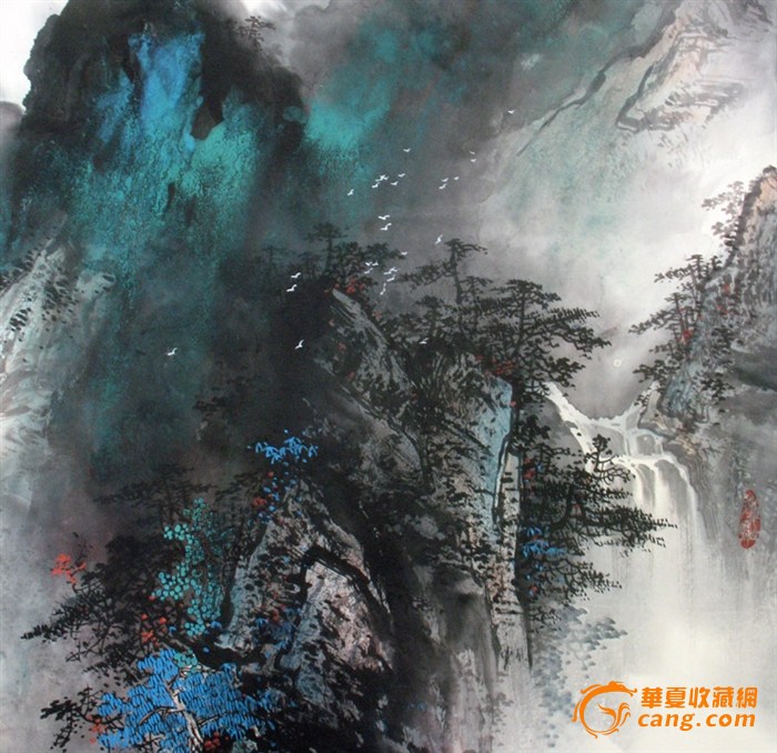 实力派名画家张春丽泼彩重彩山水画四尺竖幅 江流天地外