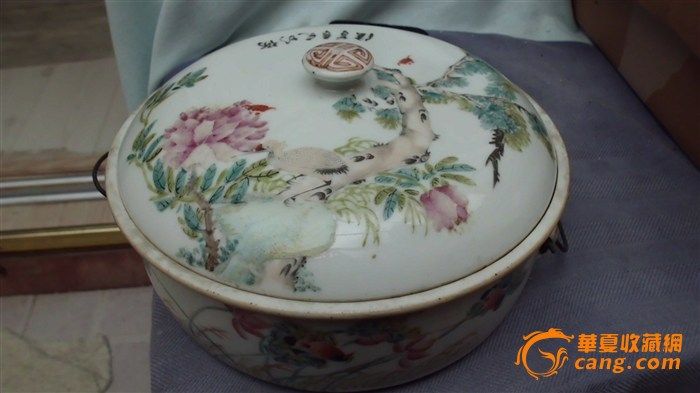 光绪浅绛彩大名家少泉氏精品花鸟仙鹤一品锅_